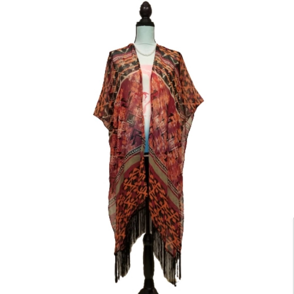 Faded Glory Kimono Tribal Fringe Scarf Wrap Wine
